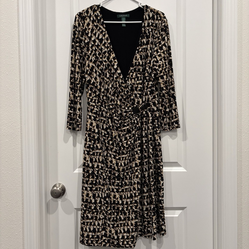 Lauren Ralph Lauren Dress Jersey Wrap Dress Womens 14 Black White Gold Abstract‎
